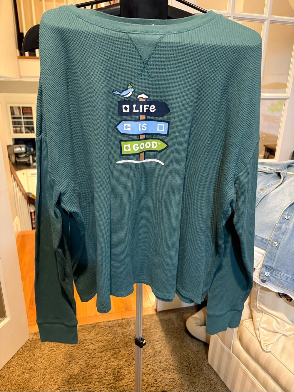 Life Is Good Teal Crewneck Waffle Knit Sweater with Signpost Graphic
